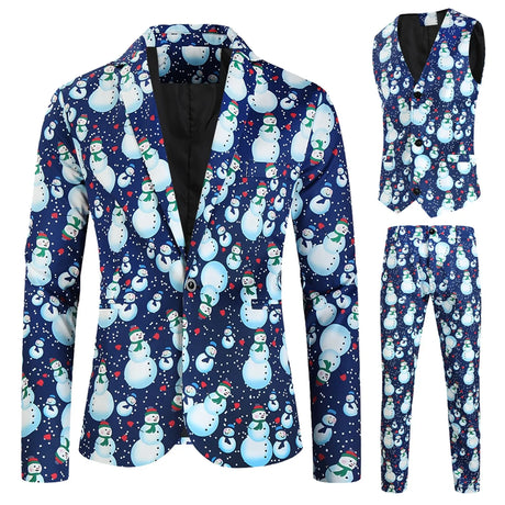 Mens Fashion Casual Suit Printed Christmas Jacket Pants Vest Three Set Of Men Suits Sets