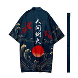 Men's Japanese Long Kimono Cardigan Men's Samurai Costume Kimono Fireworks Pattern Kimono Shirt Yukata Outer Cover