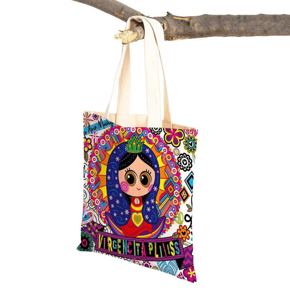 Ladies Shopping Bag Cartoon Virgin Mary Series Handbag Foldable Reusable Cloth Shopper Harajuku Style Student Canvas Tote