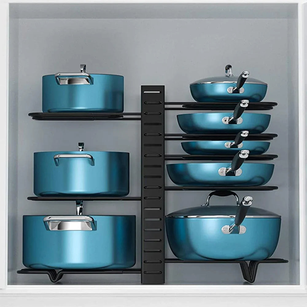 8 Tiers Pan Pot Organizer Rack 3 DIY Methods Adjustable Cabinet Pantry Pots Lids Storage Rack Kitchen Organization