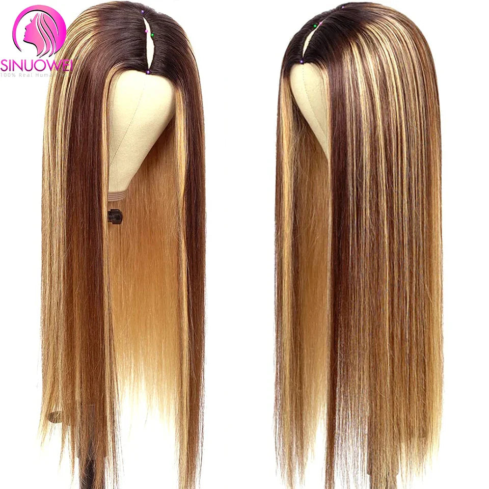 Sinuowei Highlight Wig V Part Wig Human Hair Brazilian Straight Wig V Shape Glueless Wig 10-28 Inches For Black Woman