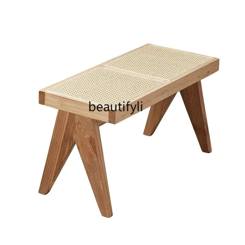 Solid Wood Rattan Home Shoe Changing Stool Modern Nordic Homestay Rattan Chair Simple Tailstock Dining Table Bench