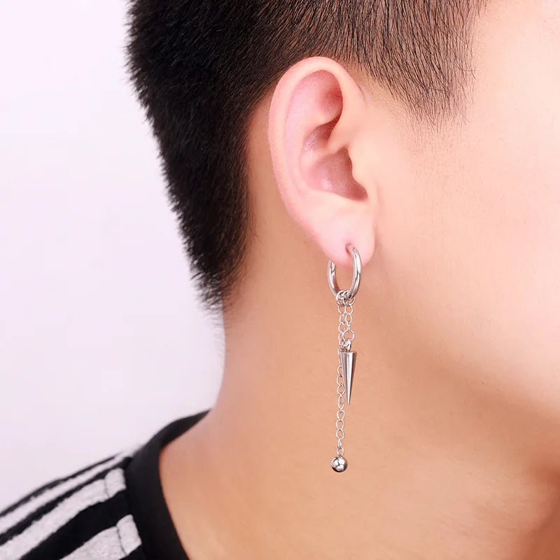 1 Piece Punk Stainless Steel Drop Hoop Earrings For Men/Women Ear Circle Buckle Tassel Chain Hip Hop Gothic Unisex Jewelry Gifts