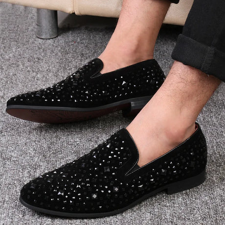 Black Spikes New Brand Mens Loafers Luxury Shoes Denim And Metal Sequins High Quality Casual Men Shoes 2022 Fashion Party Flats