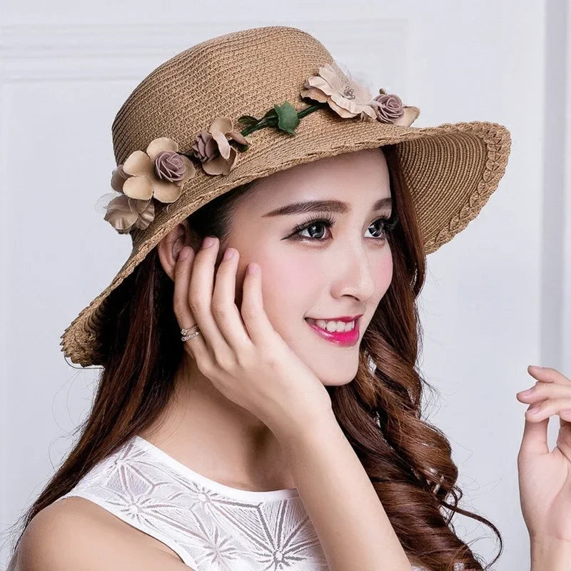 Wreath Straw Hats Summer Sun Hat Ladies Elegant Hat Female Vintage Hats Straw Beach Hats Flower String Woman Hat