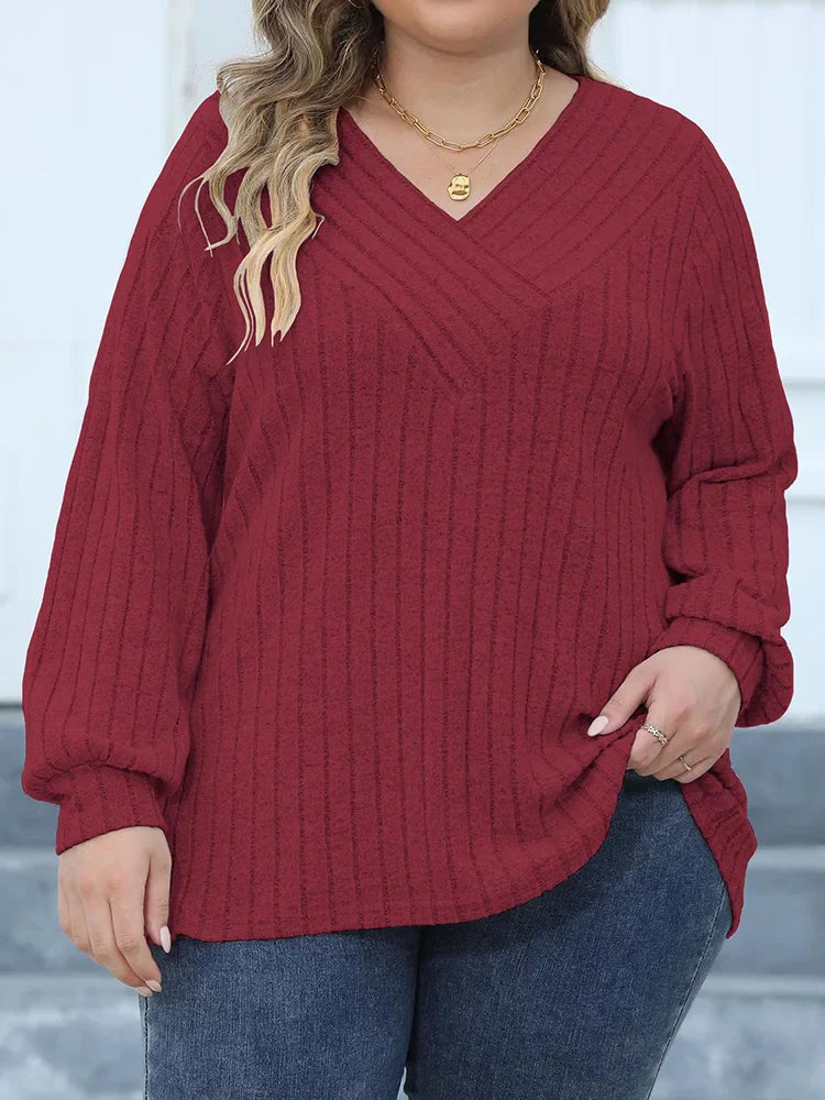 GIBSIE Plus Size Long Sleeve T Shirts for Women Spring Fall Fashion V Neck Solid Ribbed Knit Casual Tee Tops Female 2023 Clothes