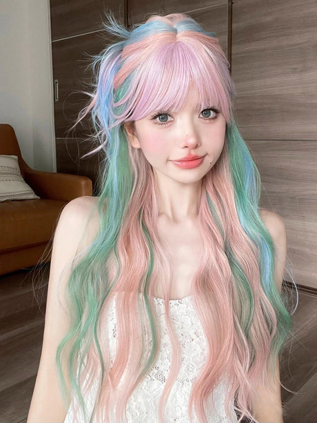 28Inch Iridescent Rainbow Color Multicolour Synthetic Wigs With Bang Long Natural Wavy Hair Wig For Women Cosplay Heat Resistant