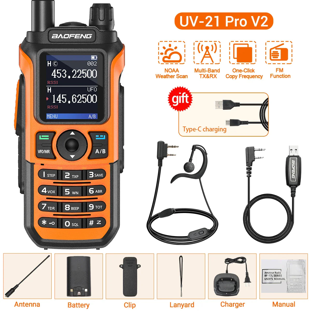 Baofeng UV-21 PRO V2 Walkie Talkie Wireless Copy Frequency 16 KM Long Range TYPE-C Two Way Radio Ham CB Radio UV-5R UV-17