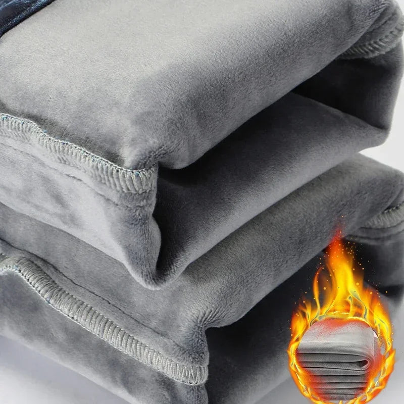 2023 Winter New Men's Warm Baggy Fleece Jeans Long Pants Business Fashion Thicken Trousers Stretch Brand Denim Recreation