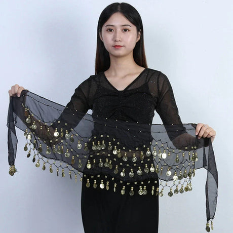 Sexy Women Belly Dance Chiffon Skirt Gold Sequins Waist Chain Tassel Belts Clubwear Indian Dance Practice Performance Hip  Scarf