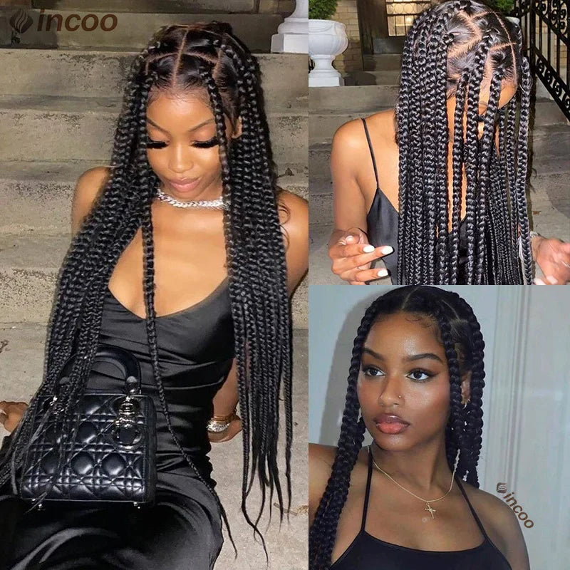 Synthetic Large Box Braided Wigs Jumbo Knotless Full Lace Front Wigs For Black Women Jumbo Tribal Braids Faux Locs Cornrows Wig