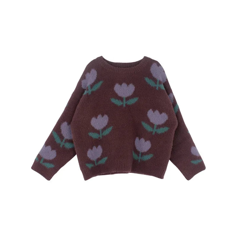 Children Clothing Girls Sweater 2023 Autumn and Winter New Korean Style Tulip Flower Pullover Sweater Fashion Stylish Top