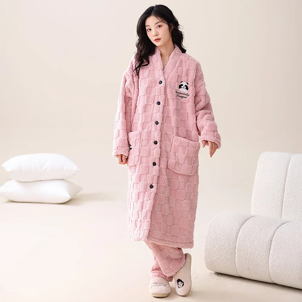 2PCS Hooded Sleepwear Thicken Warm Plush Flannel Robe Set Winter Pajamas for Couples Soft Pajama Man Cartoon Sleeping Bathrobe