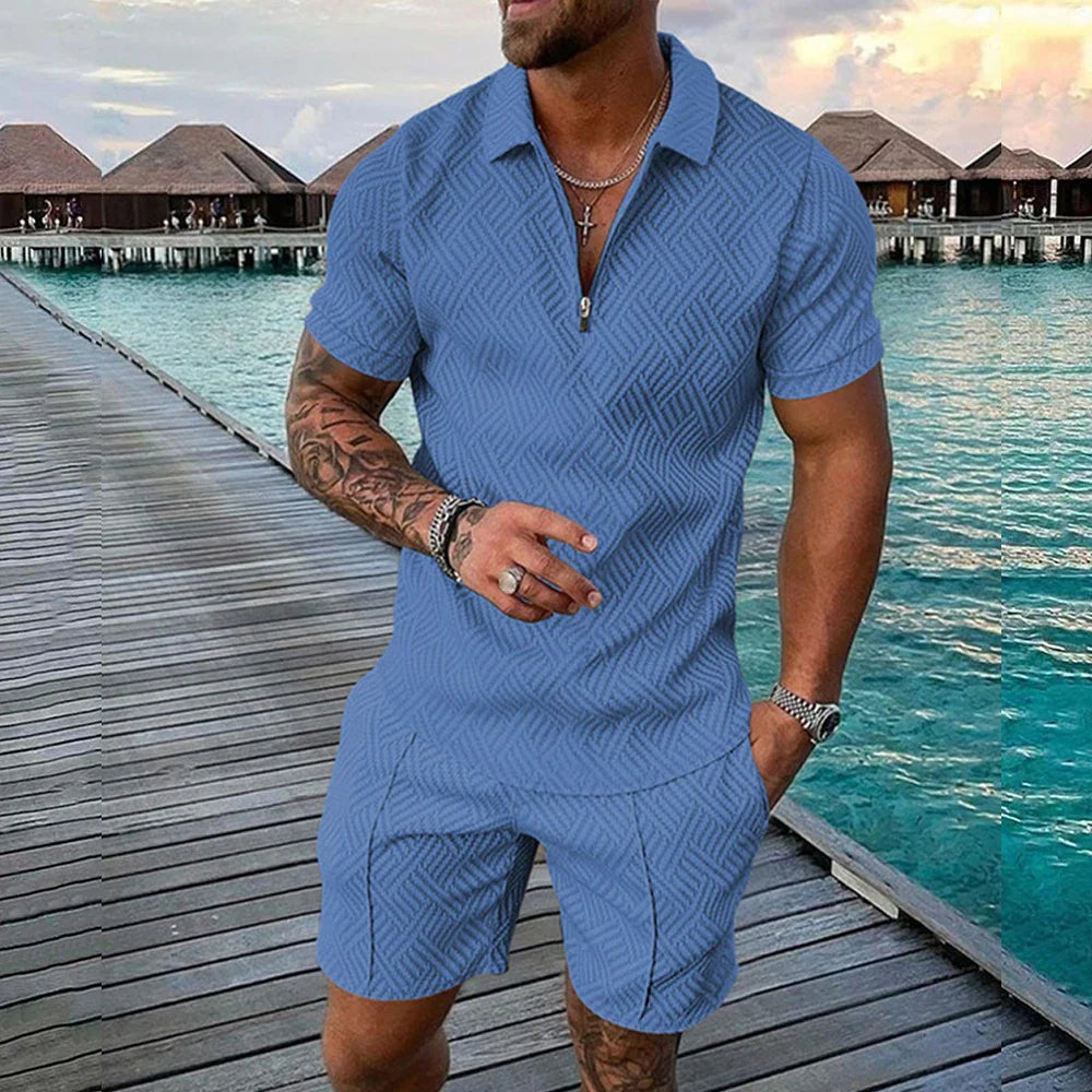 Men's Athletic T-Shirt Set Casual Lapel Short Sleeve Pullover Zip Up T-shirt Shorts 2-Piece Sets Men's Solid Sporty Suits