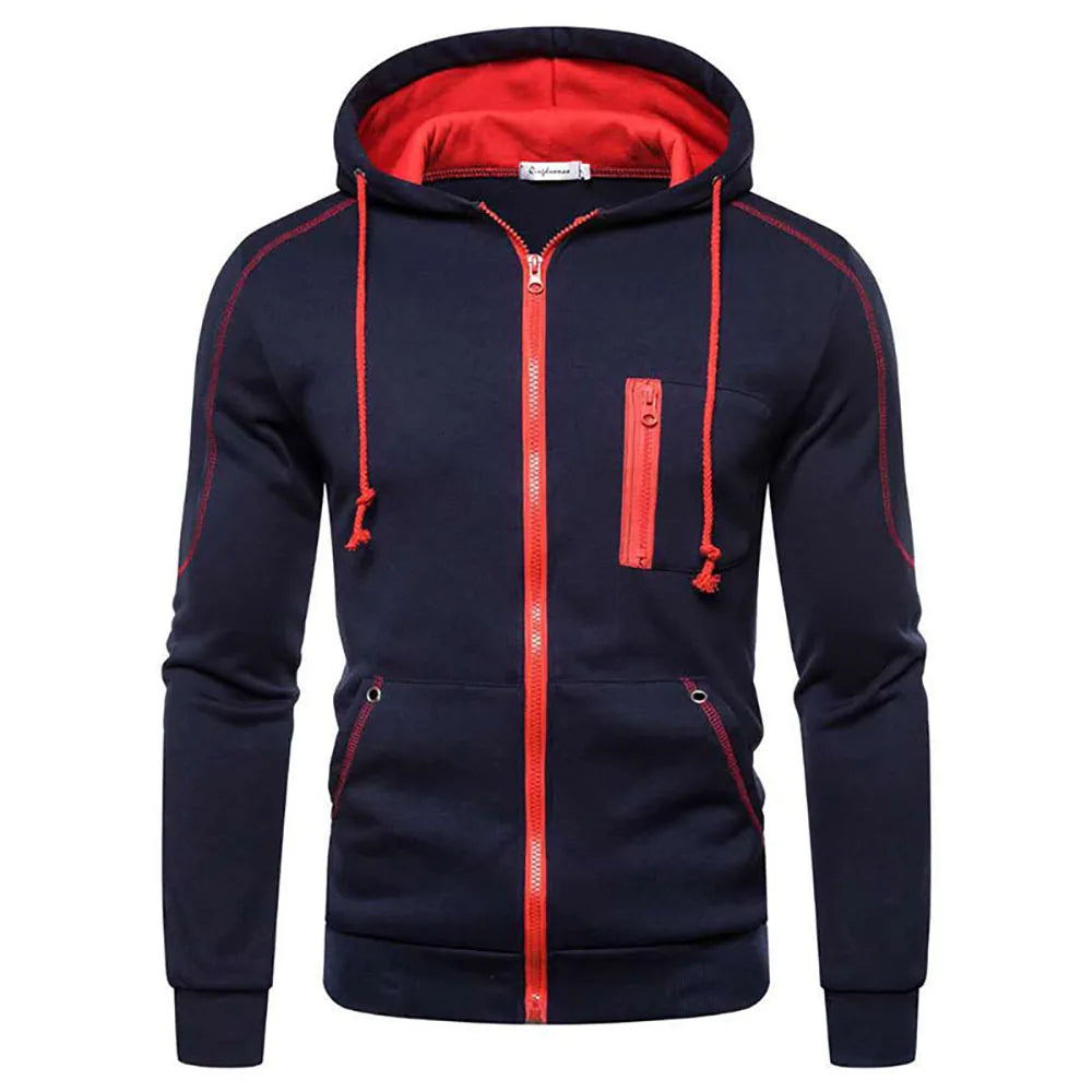 Men's Zip Up Jackets Color Matching Casual Hoodies Running Hiking Sportswear Spring Autumn Fleece Multiple Pockets Sweatshirts