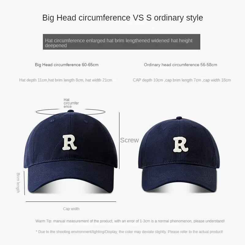 60-65cm 63-70cm Big Head Baseball Cap Men Women Soft Top Cotton Large Size Hat R Letter 2023 Fashion