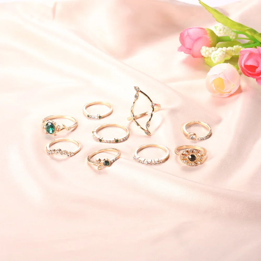 Fashion Green Crystal Knuckle Finger Rings Set For Women  Geometric Female Wedding Ring Trendy Jewelry