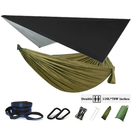 Oversized Double 118inx79in Hammock with Tree Straps and Rain Fly, Indoor Outdoor Backpacking Survival & Travel Camping Hammock