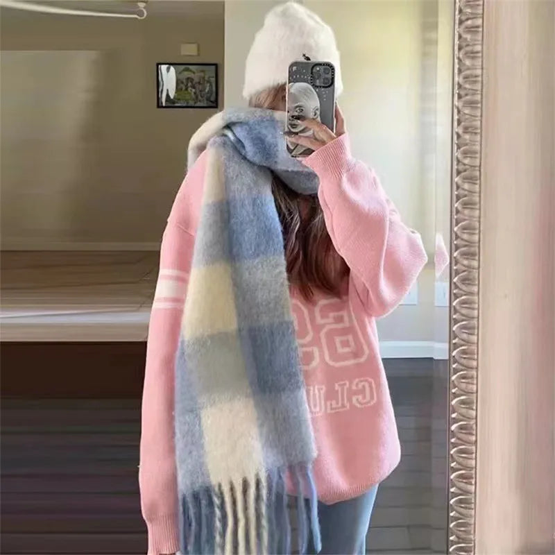 Winter Women Plaid Scarf Winter AC Pamanhmina Shawls Cashmere Thick Wraps Lady Tassel Warm Scarves Rainbow Hairy Bufanda Man