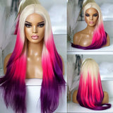 AIMEYA Ombre Purple Synthetic Lace Front Wigs for Women Platinum Blonde Roots Pink Purple Wig Long Silky Straight Colorful Wigs