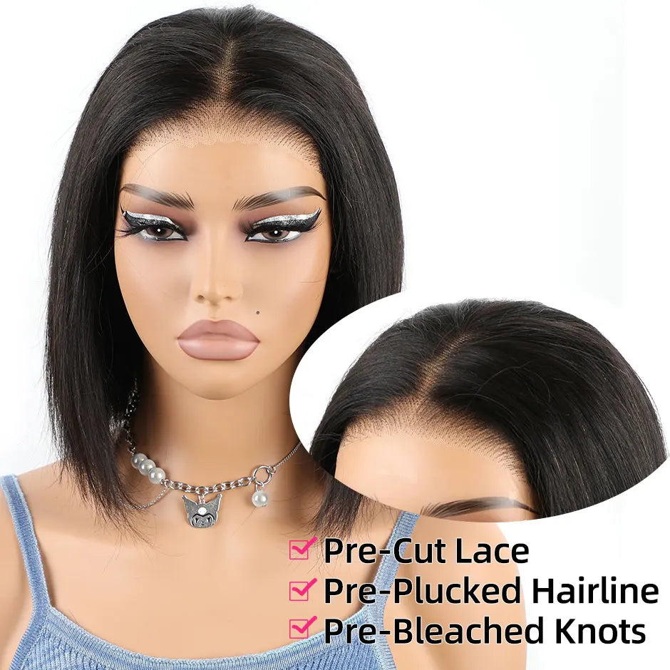 YAWAWE Pre-Bleached Knots Glueless Wig Ready To Wear Wigs Straight Pre-plucked Human Hair Bob Wigs Pre-cut HD Lace Wear Go Wigs