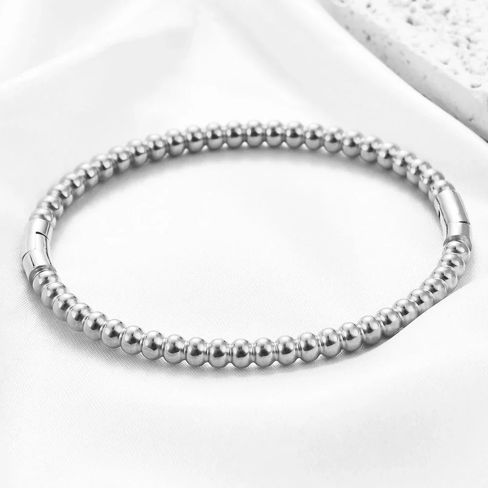 VQYSKO Stainless Steel Bangle Bracelet In Smooth Round Ball No Tarnish Beaded Bracelet For Anniversary Gift Woman Jewelry