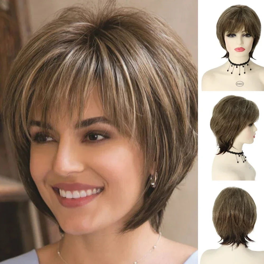 GNIMEGIL Synthetic Short Pixie Cut Wig Women Natural Hairstyle Bangs Wig Blonde Mix Brown Soft Straight Wig for Chemo Patient