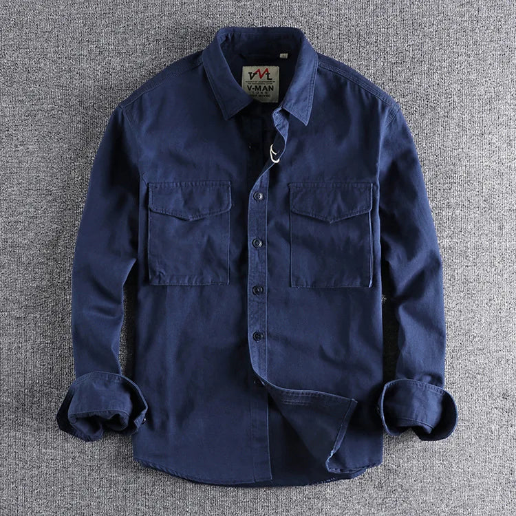 Cargo Shirt For Men Long Sleeve Premium Cotton Solid Color Washing Lapel Youth Japan Style Simple Handsome Boyfriend Clothing