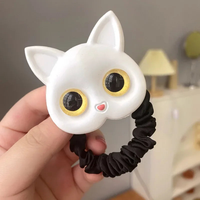 Cartoon Black White Cat Charms Hair Ties Kids Girls Cute Elastic Ponytail Holder Rubber Band Women Hairband Summer Headwear