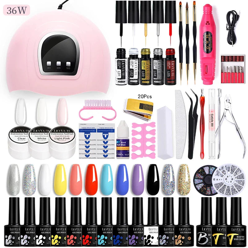 LILYCUTE Manicure Set For Quick Nail Extensions Gel Nail Polish With UV LED Nail Lamp Electric Nail Drill All For Nail Gel Tools