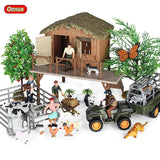 Oenux Farm House Model Action Figures Farmer Motorcycle Cow Hen Pig Animals Set Figurine Miniature PVC Cute Educational Kids Toy