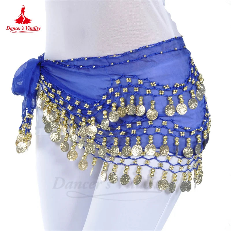 Belly Dance Belt for Women Chiffon Gold Coines Oriental Dancing Wear Accessies Girl's Chiffon Silver Coines Bellydance Hip Scarf