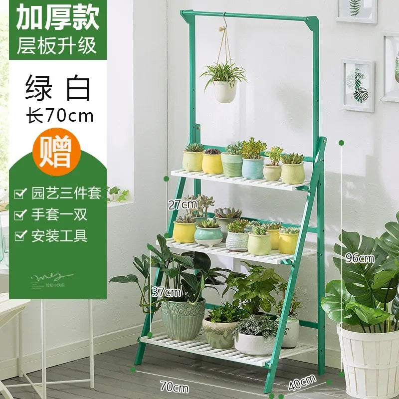 Plant Stand Storage Shelf 3-Tier Hanging Stand for Flowers Folding Organizer Display Storage Rack Adjustable Hanger Rod Bamboo