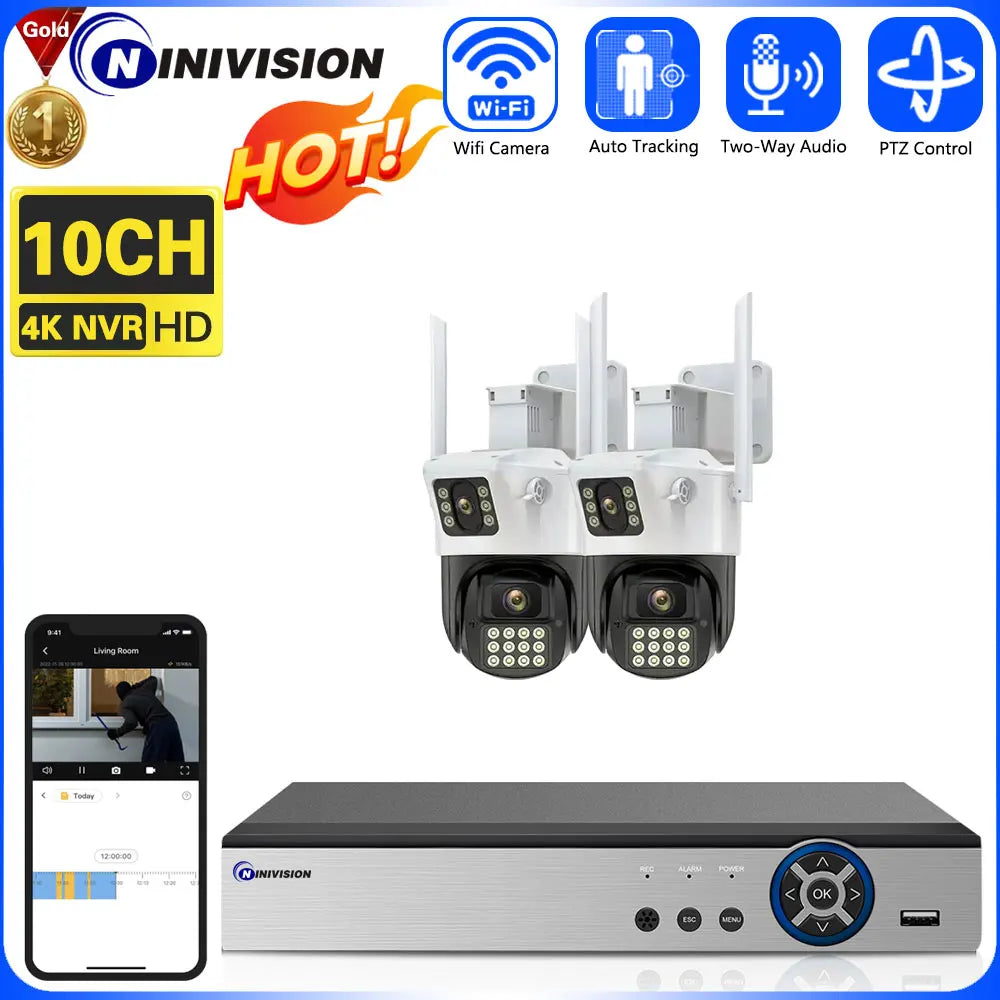 Free 500G Hard Drive 10CH 8MP 4k NVR Wireless Dual Lens Security 2Audio Camera System WIFI PTZ Cam Kit Video Surveillance System