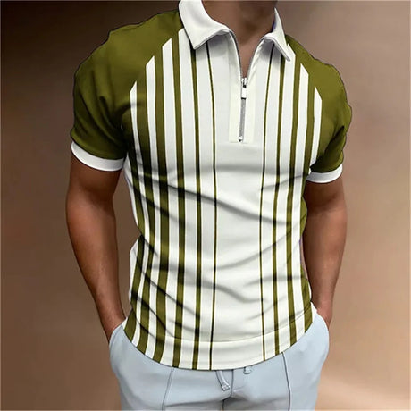 Men's Solid Color Striped Polo Shirt Short Sleeve Golf Turn-down Collar Zipper Polo Shirt&for Men Casual Streetwear Summer Tops