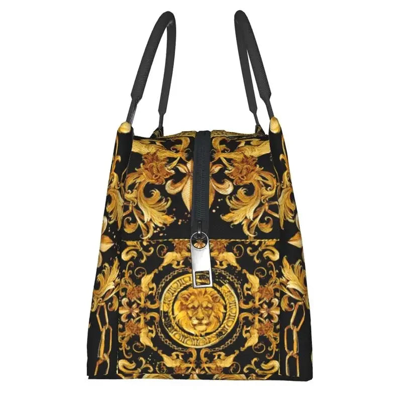 Custom Golden Lion And Damask Ornament Lunch Bags Men Women Warm Cooler Insulated Lunch Boxes for Picnic Camping Work Travel