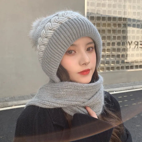 New wind cap bib Korean version of all the autumn and winter ear protection knitted two-piece women's woolen hat scarf one hat