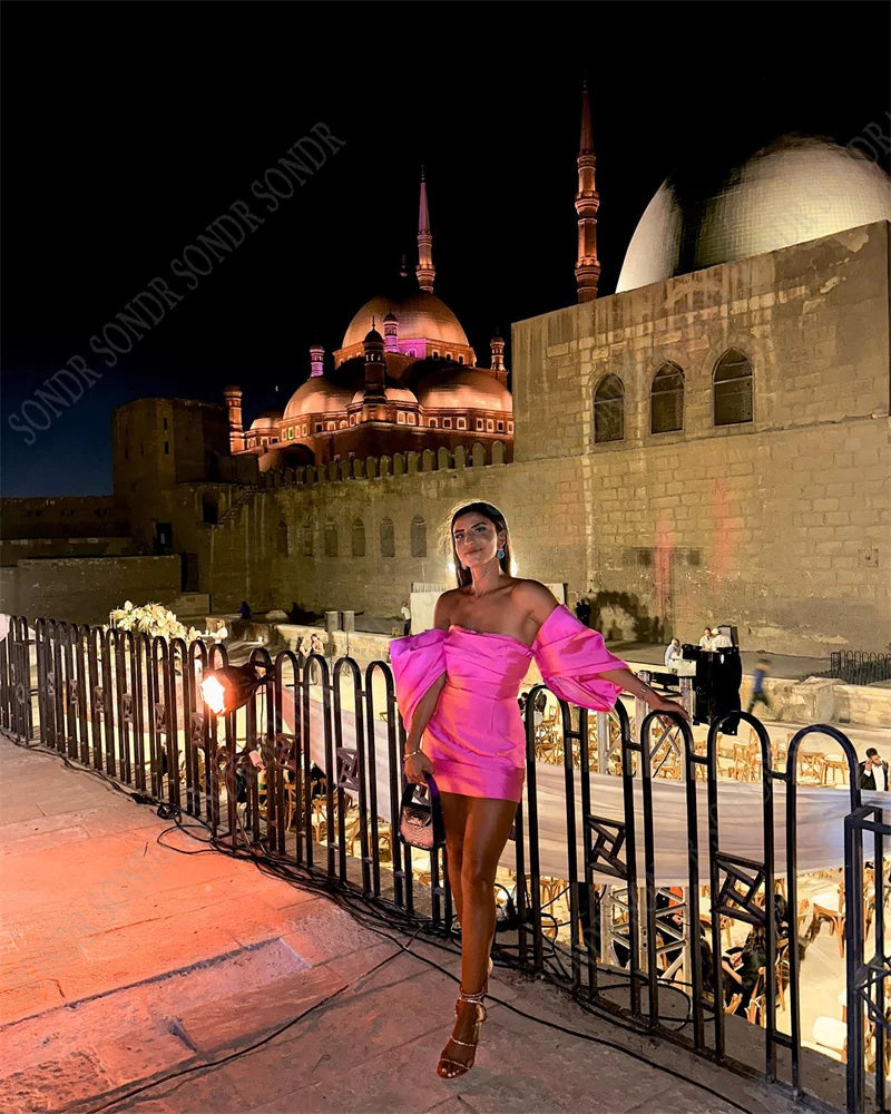 SONDR Modern Pink Satin Short Prom Dresses Dubai Arabic Women Shiny Beads Mini Sexy Cocktail Dress Evening Birthday Gowns