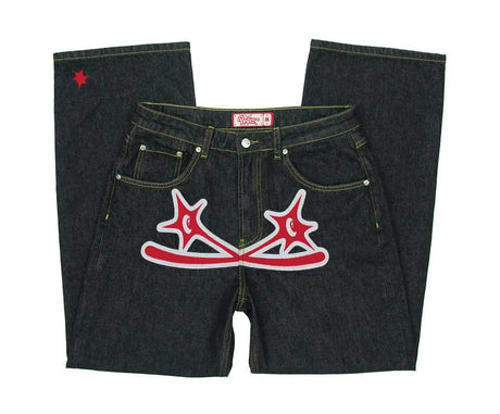 Vintage Gear Patch Punk Jeans High Street Spiderweb Straight Leg Pants Men's Wide Leg Pants Black Cargo Pants Y2k Clothes Baggy
