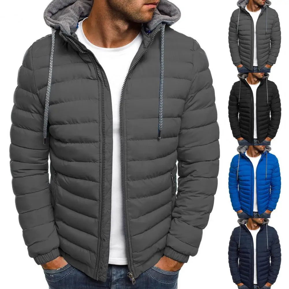 New Oversize Men Detachable Hat Padded Hooded Cardigan Drawstring Winter Thick Warm Jacket Outerwear Top