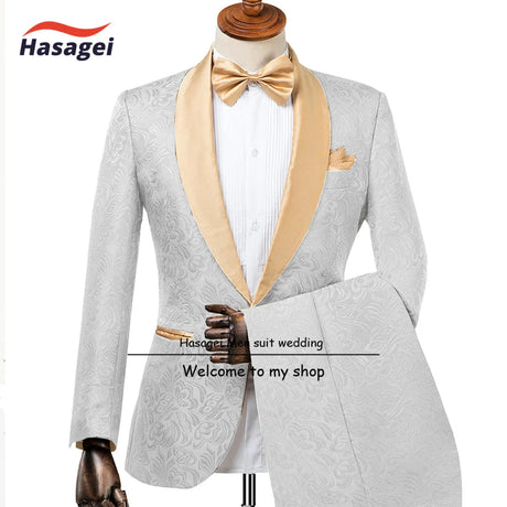 Champagne Men's Wedding Tuxedo Elegant Men 2-piece Suit Set Patterned Jacket Pants Formal Slim Fit Outfit