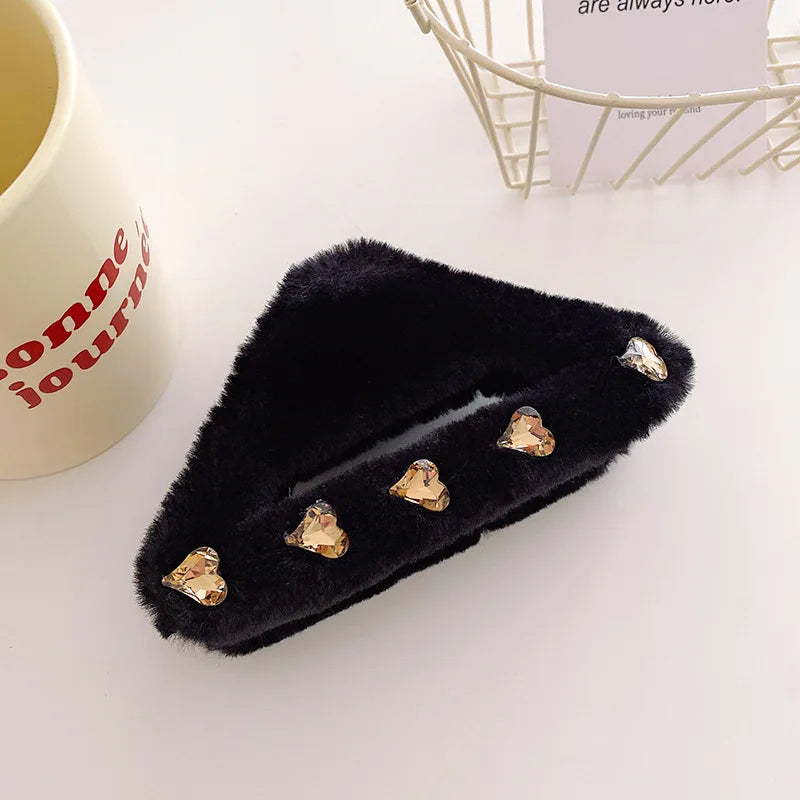 Autumn Winter Retro Oversized Geometric Plush Hair Clip Claw Fashion Light Luxury Rhinestones Plush Shark Clip Hair Accessories