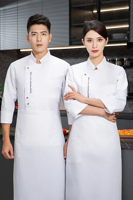 Men Long Sleeve Chef uniform Restaurant chef jacket with apron Cook Coat Chef T-shirt Work Uniform Waiter Hotel Clothes Logo