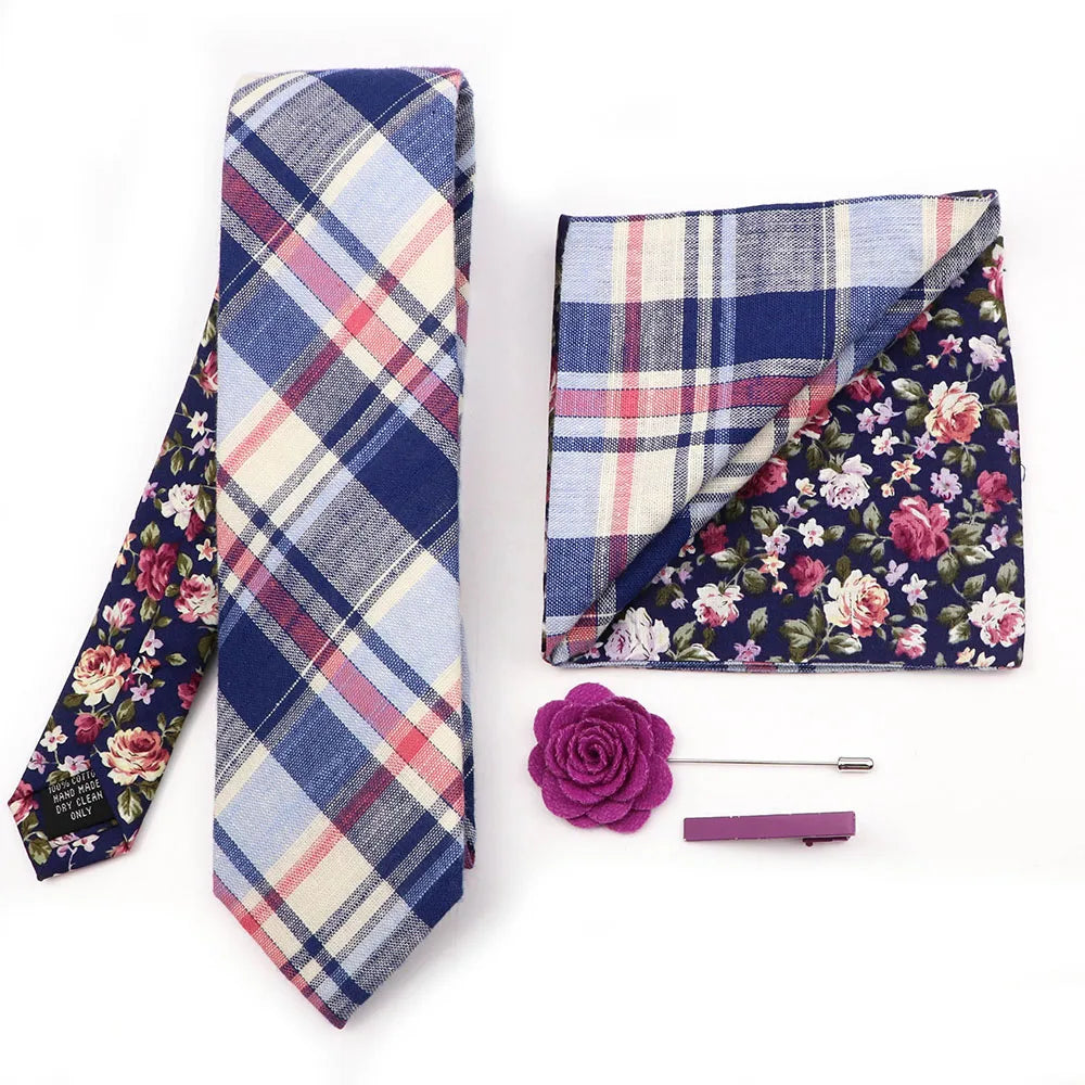 Two Side Floral Plaid Cotton Patchwork Tie Set Brooch Pin Clip Hankie Cufflink Ties Men Party Daily Shirt Cravat Gift Accessory