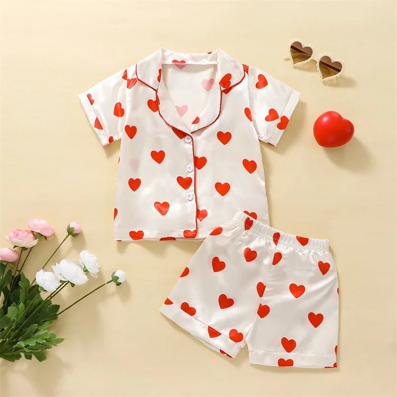 2023 Fashion Children Summer Pajama Sets Silk Satin Heart/Floral/Cattle Print Baby Suits Sleepwear Boy Loungewear Kids Pajamas