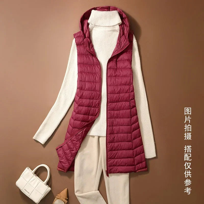 Women's Autumn/Winter X-long Hooded Sleeveless Jackets 2023 New White Duck Down Female Slim Fit Office Lady Warm Vest Coat