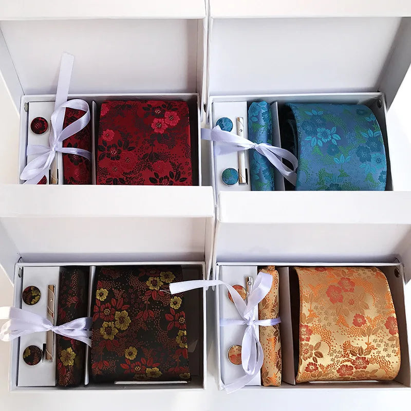 Luxury Tie Set Gift Box For Men Paisley Floral Silk Neck Tie Pocket Squares Cufflinks Tie clips Set Formal Wedding Party Ties