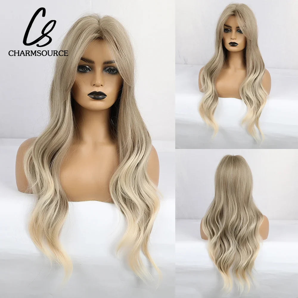 CharmSource Blonde Wavy Wig with Bangs Party Dresses for Women Natural Synthetic Hair Daily Cosplay Heat Resistant Fiber Wig