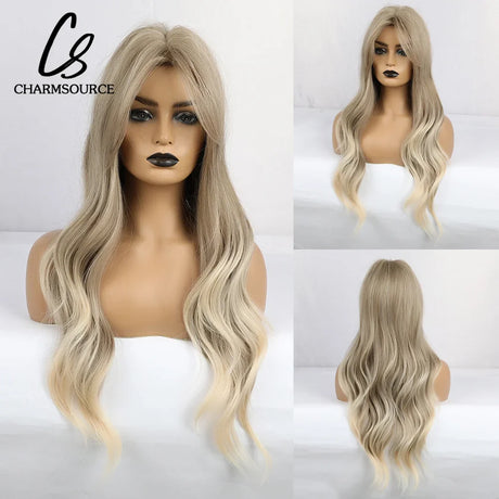 CharmSource Blonde Wavy Wig with Bangs Party Dresses for Women Natural Synthetic Hair Daily Cosplay Heat Resistant Fiber Wig