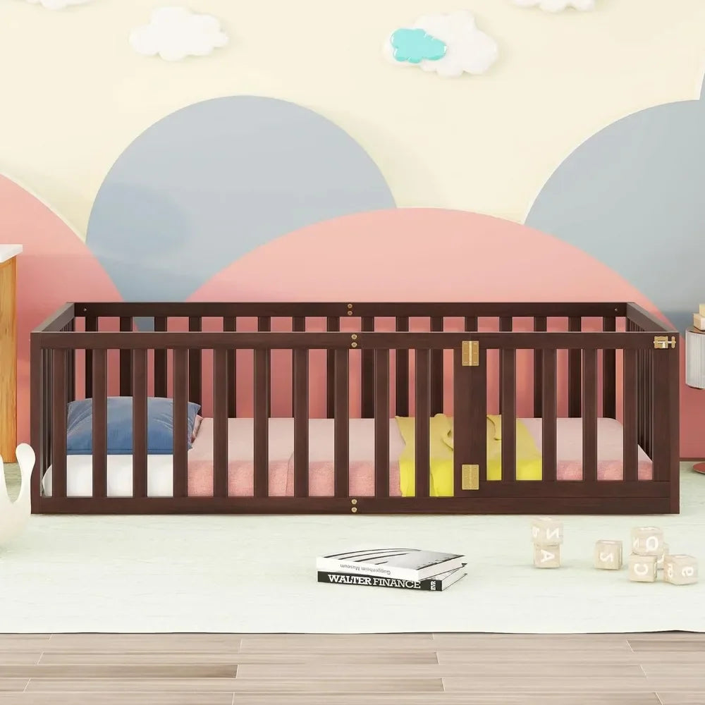 Children's bed with fence and door, noise free bed for children, spring free, easy to assemble, suitable for children's bed